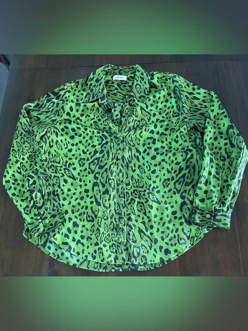 L'AGENCE Silk Animal Print Shirt Old Money Mobwife Neon Green Button Up Y2K